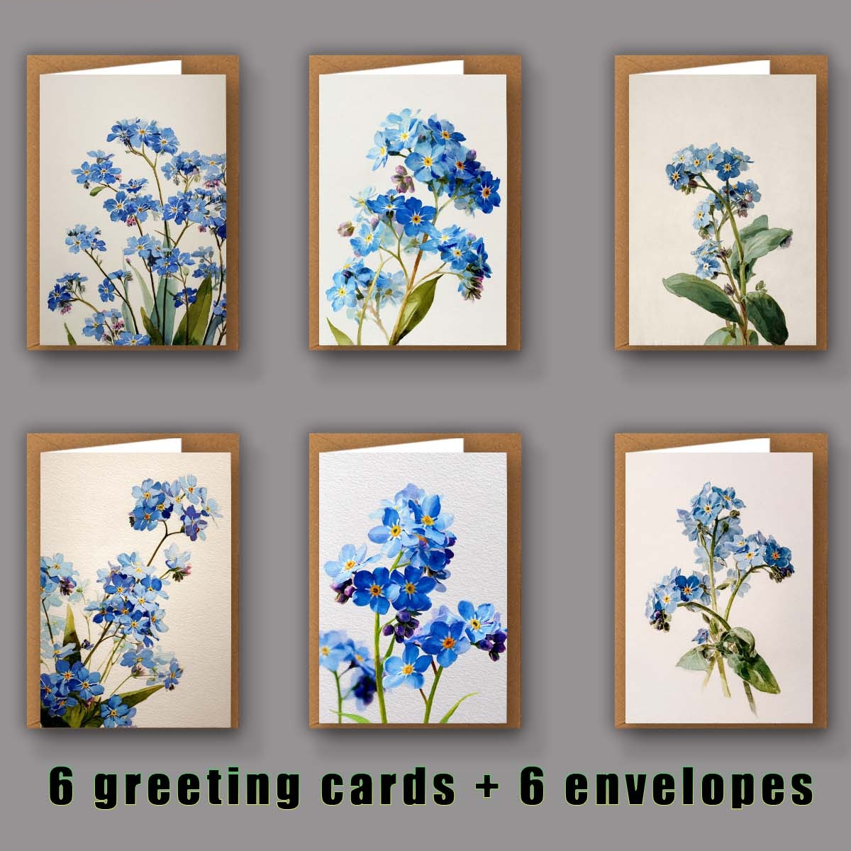 TEMU 1 Set/12pcs/24pcs/48pcs Exquisite Greeting Card With Blue Flowers, Green Leaves, And A White Background. Includes Envelope And Folded Page.