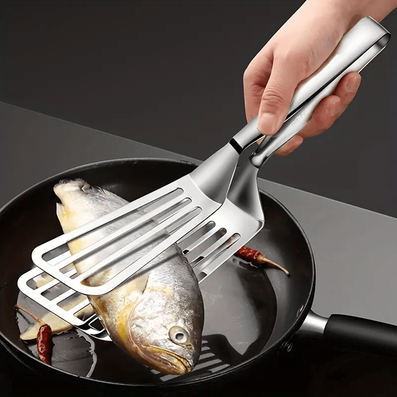 TEMU 1pc Heavy-duty Commercial & Home Kitchen Use - Stainless Steel Construction, Non-slip Grip - Dual-sided Spatula & Clamp For Flipping, Turning,