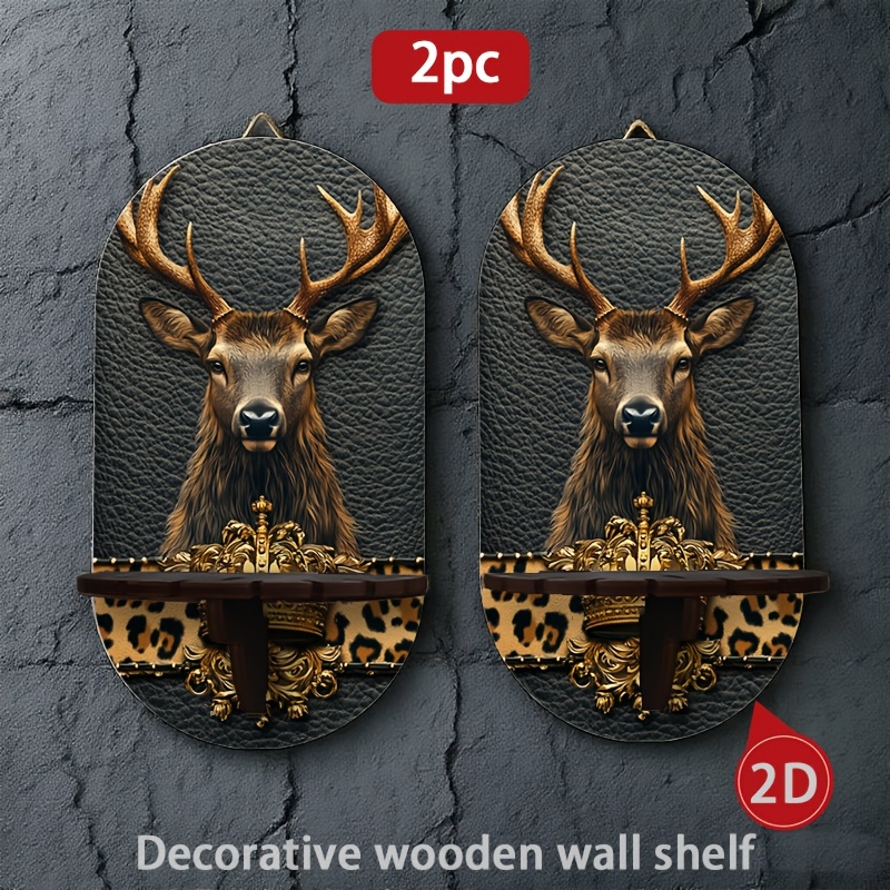TEMU 2pcs Wooden Wall-mounted Candlestick Shelves Multifunctional Wall Storage Display Rack Printed With Deer Head Crown Leopard Pattern Exquisite 2d