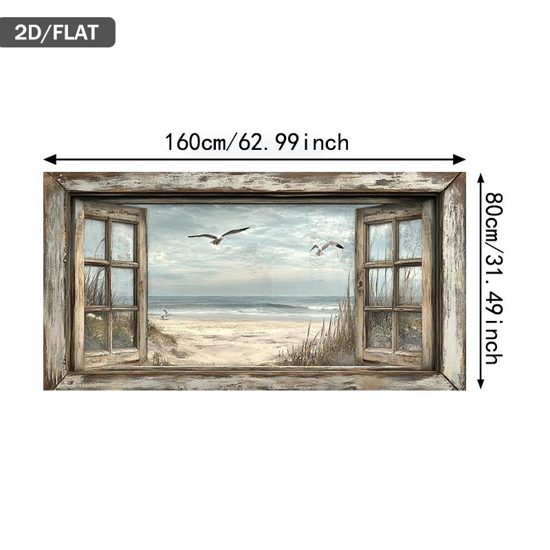 TEMU 1pc Modern Frameless Canvas Painting - Vintage Window Ocean Art Wall Decor Suitable For Living Room, Bedroom - Minimalist Print, No Frame, 2d