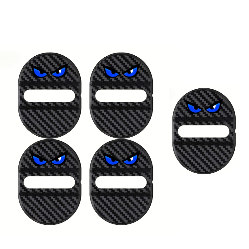 TEMU 5pcs Demon Eye Car Door Lock Protective Covers, Carbon Fiber Plastic Latch Buffer Pads, Shock Absorbing, Noise Reduction, Anti-rust And Sealing,