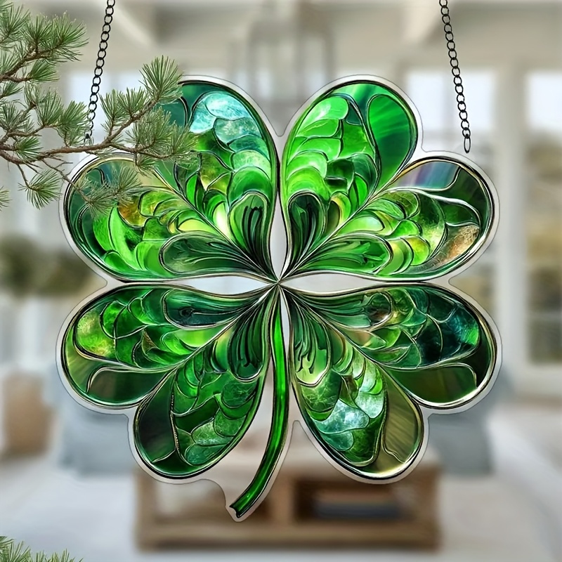 TEMU 2d Flat - 2d Design Suitable For Fiat - A Single Emerald Green Clover Ornament, 7.87 Inches By 7.87 Inches Acrylic Sun Catcher, Window Hanging