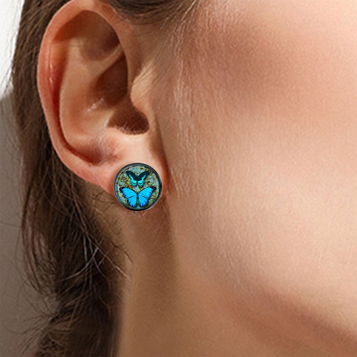 Vintage European Scroll Pattern Large Blue Butterfly Stud Earrings