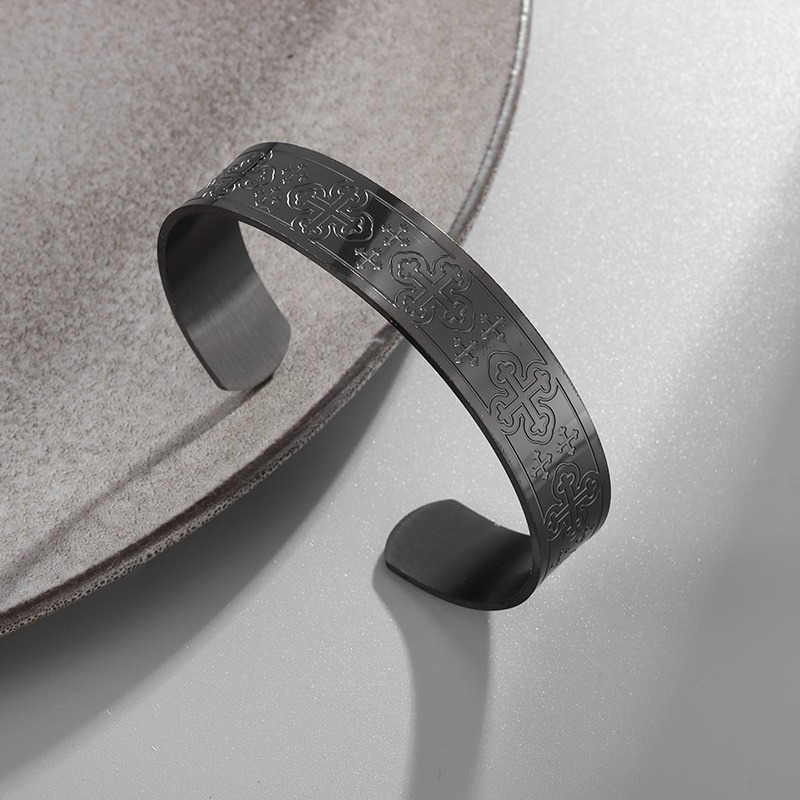 Vintage Cross Pattern Stainless Steel Open Bangle, Unisex
