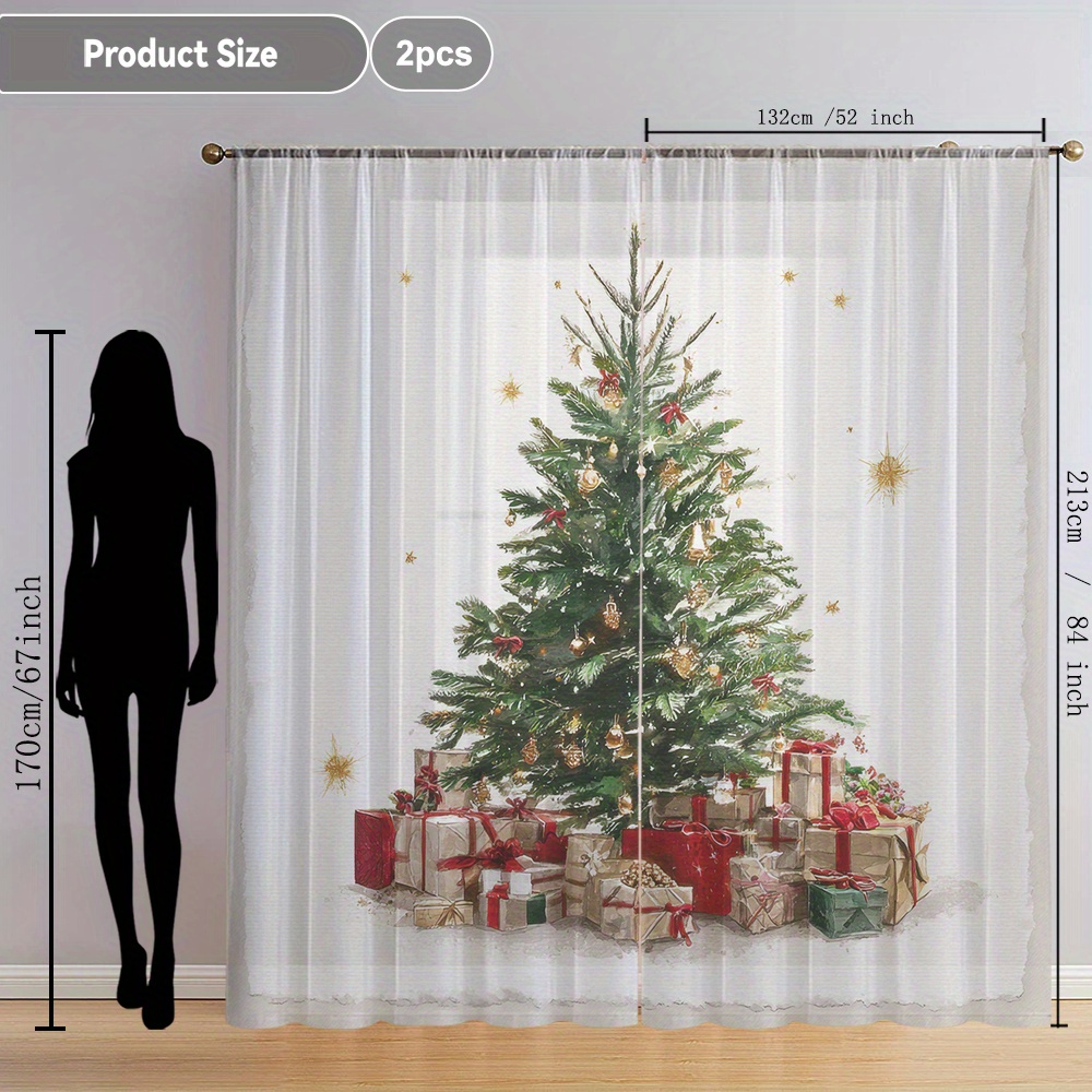 TEMU 2pcs European Christmas Tree Gift Holiday Print Sheer Curtains, Elegant Window Drapes Suitable For Kitchen, Cafe, Restaurant, Balcony, Garden,