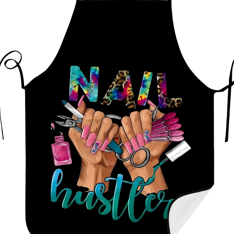 TEMU 1pc Nail Technician Apron - Black With Pink Nail Polish Design, Durable Polyester Kitchen Apron, Suitable For Nail Artists, Salons, Home Decor -