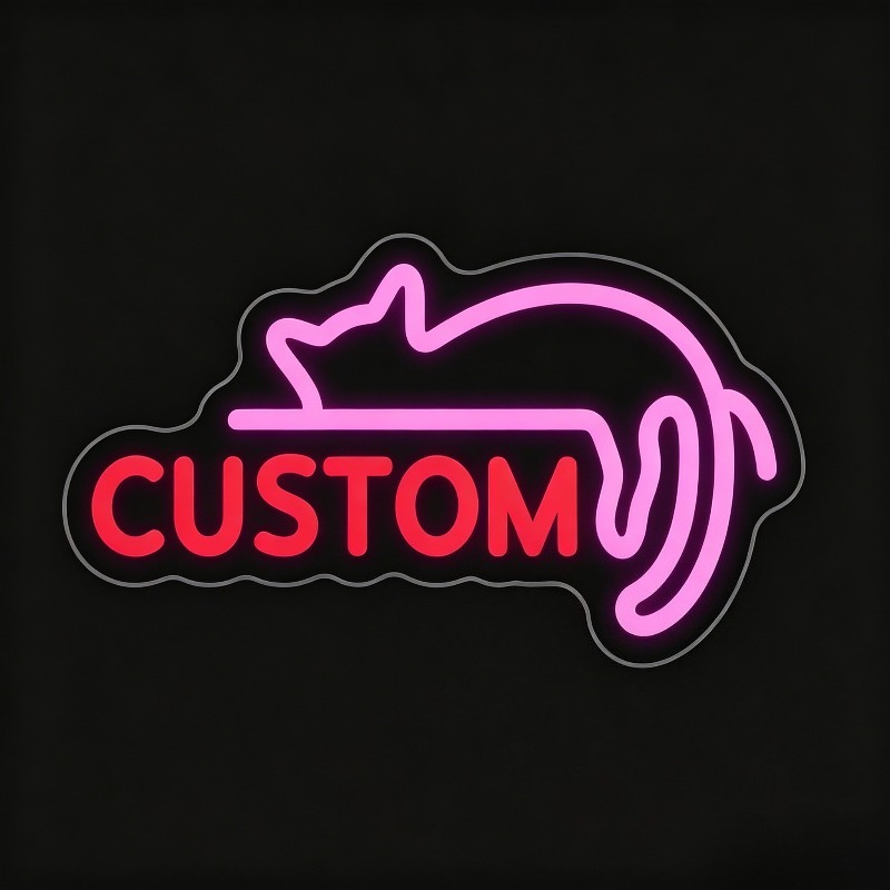Custom Pink LED Neon Sign, Lazy Cat-Shaped, USB Powered