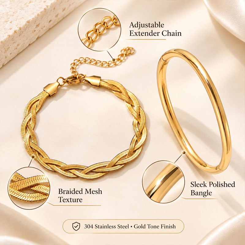2pc Women's Stainless Steel Braided & Solid Bracelet Set