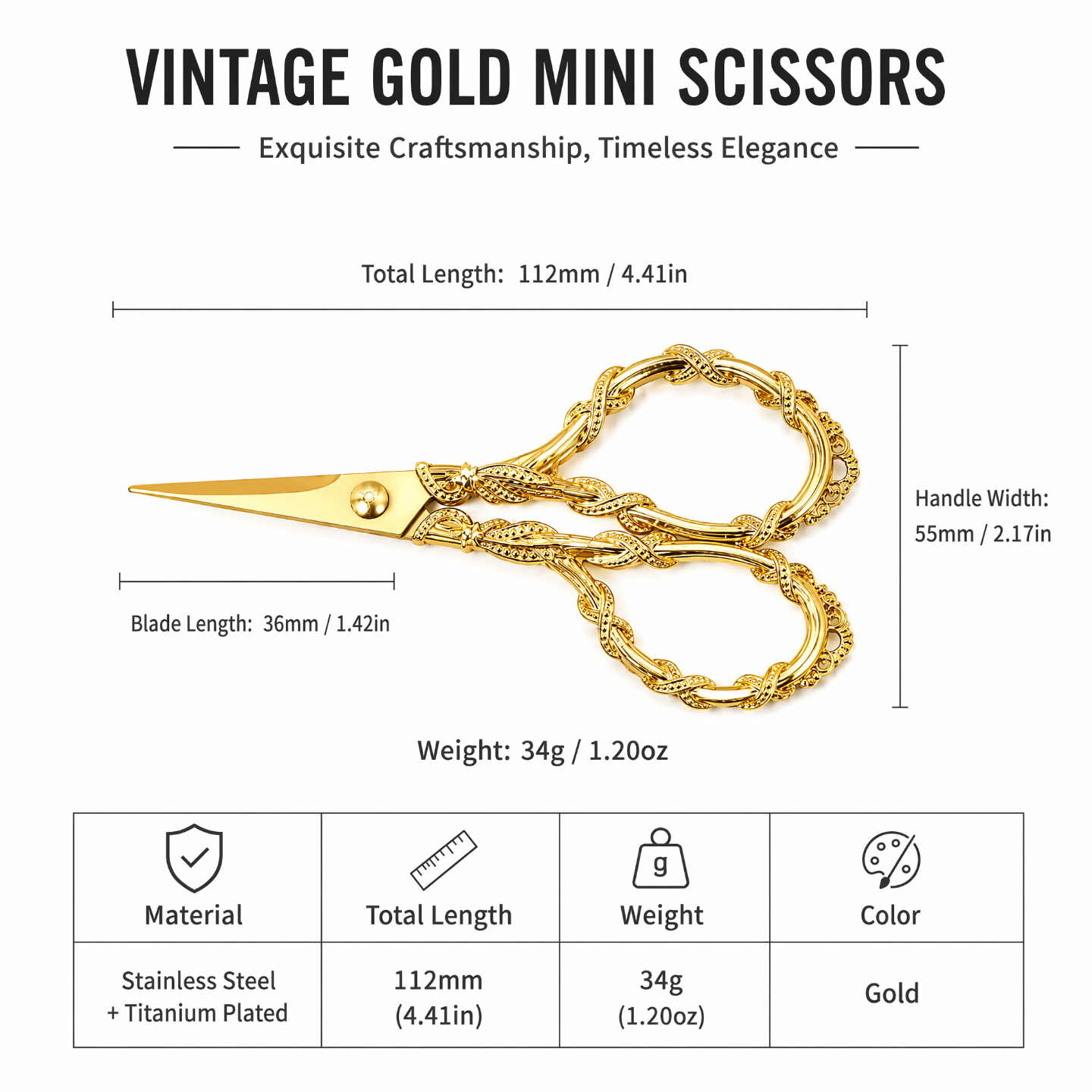 TEMU 1pc 112mm Titanium Plated Full Golden Stainless Steel Vintage Craft Scissors, Premium Stainless , Small Toothed Point Sewing Scissors, Suitable