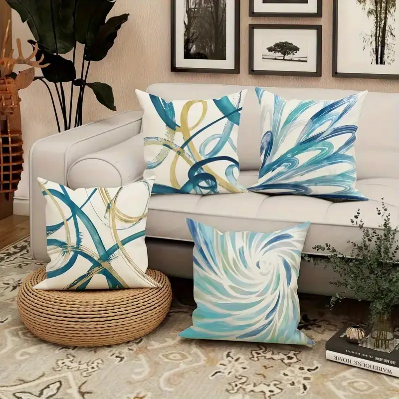 4pcs abstract art pillow covers double sided printed soft plush decorative pillowcases with geometric patterns blue golden retro design zipper closure machine washable multiple sizes for living room bedroom sofa decorative pillow covers bedroom accessories sofa embellishments modern decor accents durable fabric 2d flat Product details 4