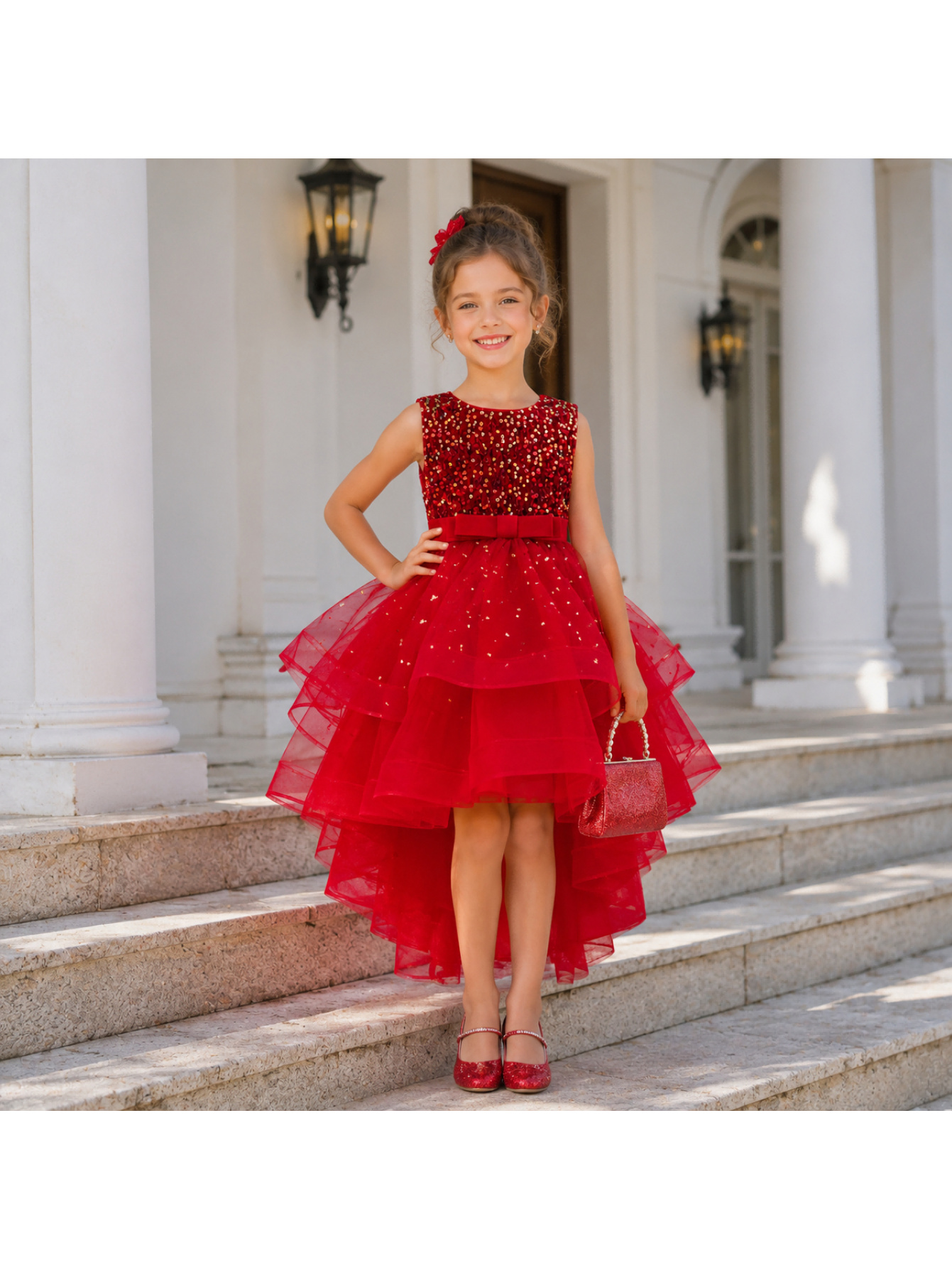 Girls' Red Sequin Christmas Party Dress – Short Flutter Sleeves, Ruffle Hem, Special Occasion Holiday Wear