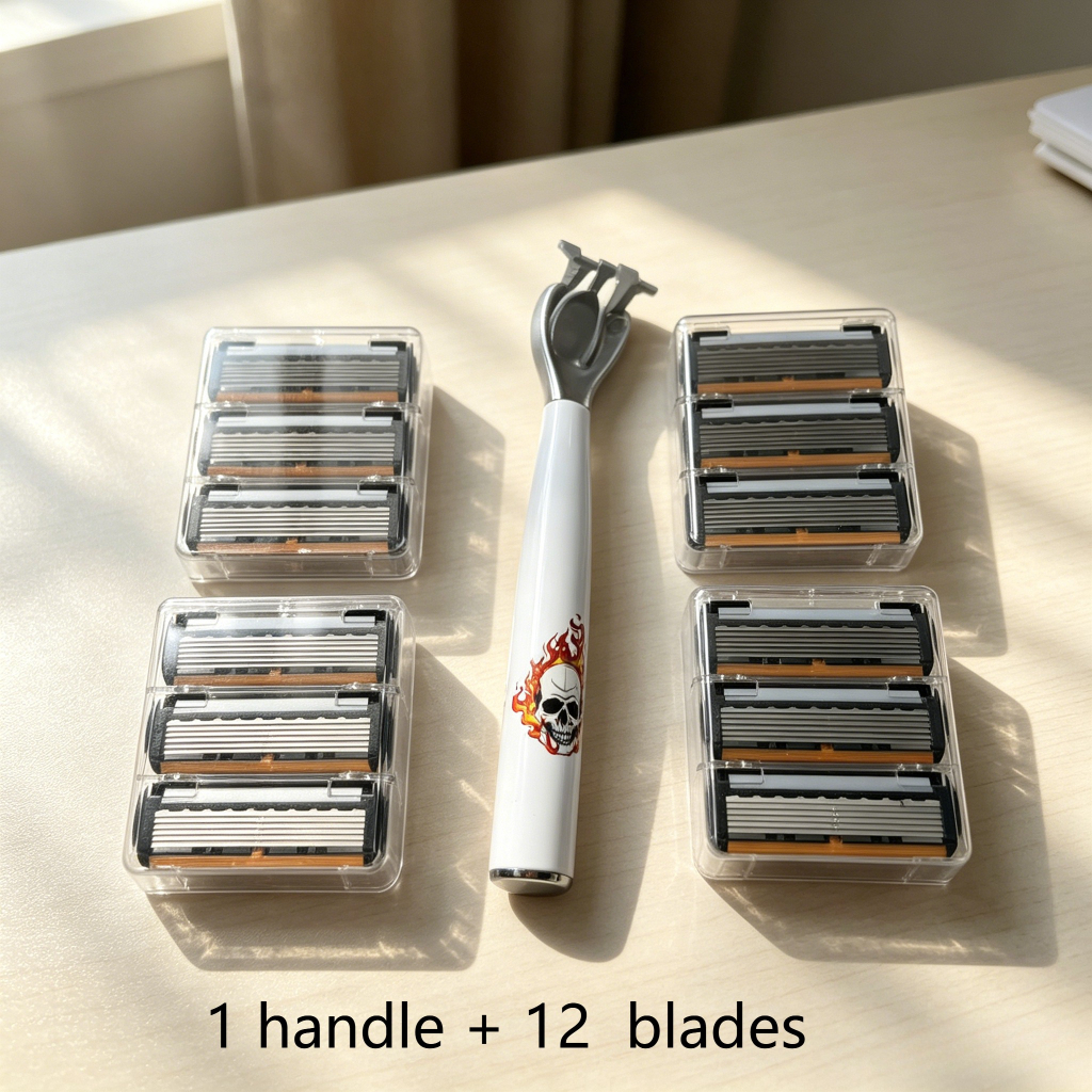 TEMU High-quality Light Luxury Men's Manual Razor, 1 Handle + 12 Replacement Blade Set (gift Box Not Included). Six-layer Blade Design Manual Shaver,