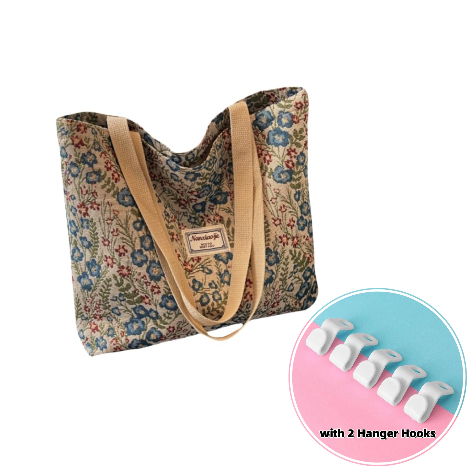 TEMU Vintage Floral Print Women's Handbag Storage Bag, Large-capacity Sturdy Soft Jacquard Shoulder Bag, Shopping Bag, With Widened Comfortable