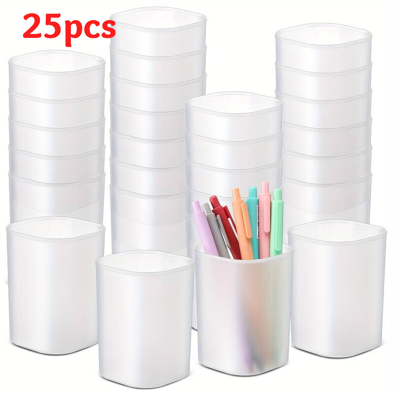 TEMU 25pcs Pack Transparent Frosted Plastic Pen Holders Suitable For Office School Home Desk Organization, Round Pencil Cup With Frosted, Desktop