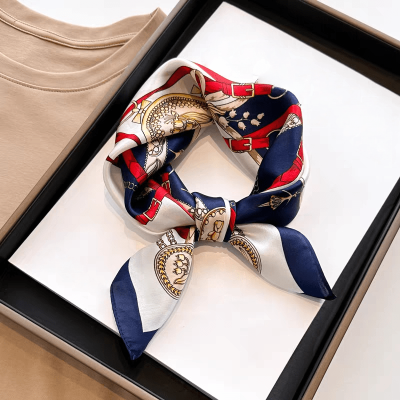 TEMU 100% Silk 20.87 Inch Square Scarf, Neckerchief, Headscarf, With White, Blue, And Red Chain And Badge Pattern, Stylish Vintage, Versatile For ,