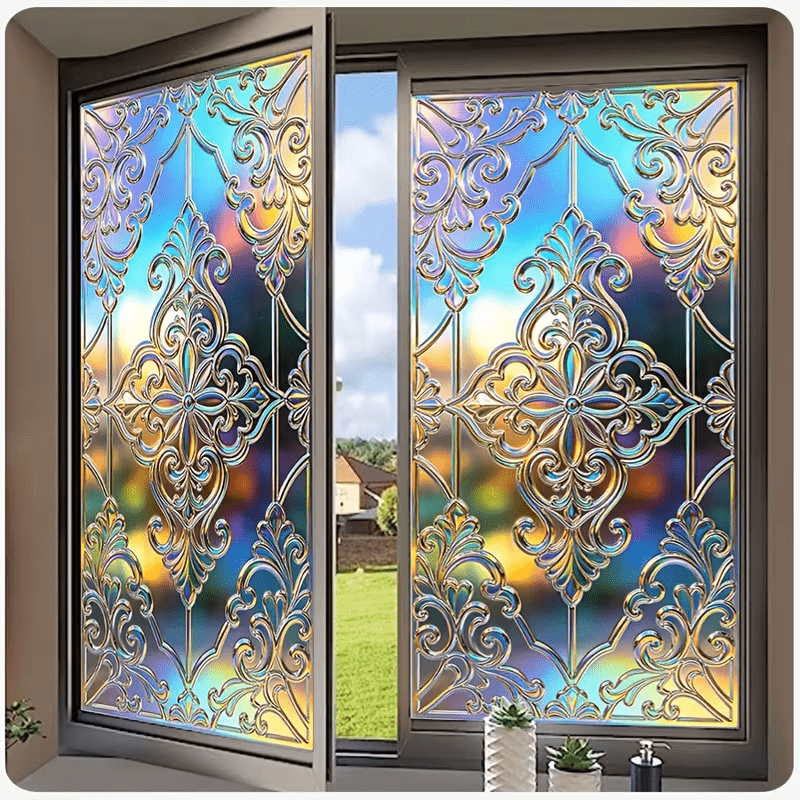 TEMU 1pc Retro European Colorful Carved Static Window Cling, Pattern Glass Film, Privacy Window Sticker For Bedroom Living Room Balcony, Premium
