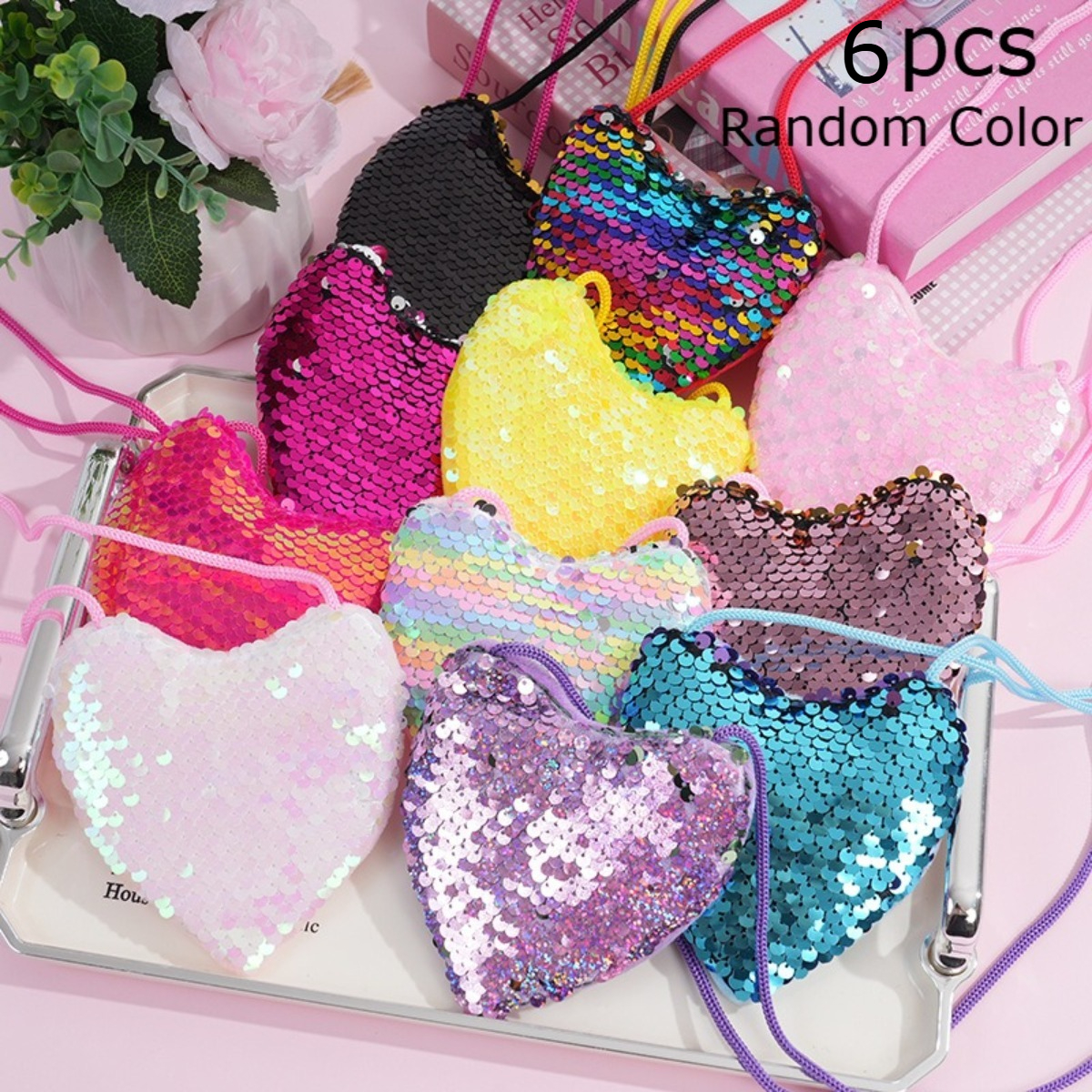 Image of 6pcs Heart-shaped Crossbody Bag With Sequins, Random Color, Portable Trendy Wallets With Long Lanyard, Stylish Coin Purses For Women's Everyday Use And Travel