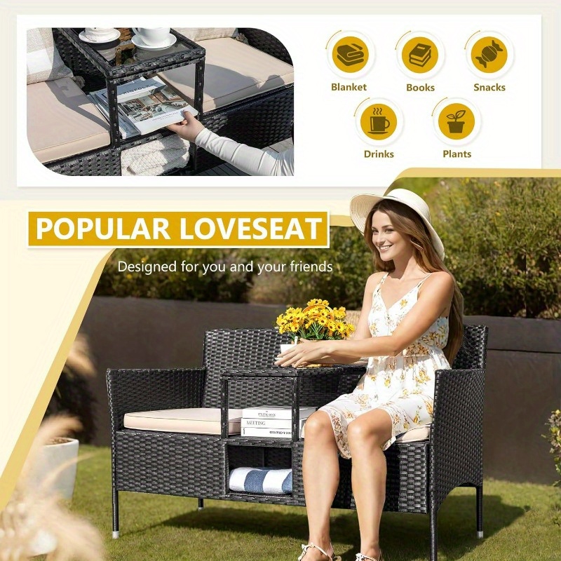 Outdoor Patio Loveseat Modern Rattan 2Seat Patio Conversation Set with Cushions and Builtin Coffee Table Porch Furniture for Garden Lawn Backyard Beige