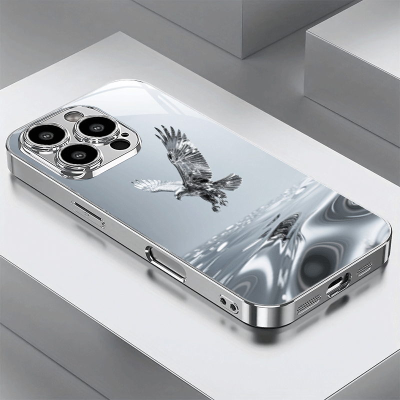 TEMU Phone Case: 1 Silvery-plated Metal Eagle Pattern Ripple Tempered Glass Phone Case, Suitable For Iphone 16/16 Plus/16 Pro/16 Pro Max/ Plus/15