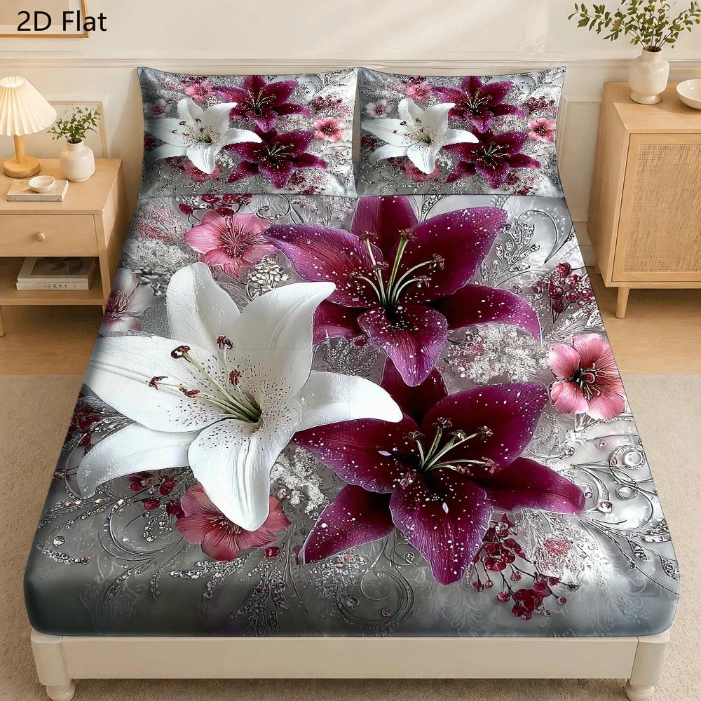 TEMU 3pcs Mattress Protector Set, 1pc Fitted Sheet And 2pcs Pillowcases (filling Not Included), Flower Theme, Romantic , Valentine's Day, Home Decor