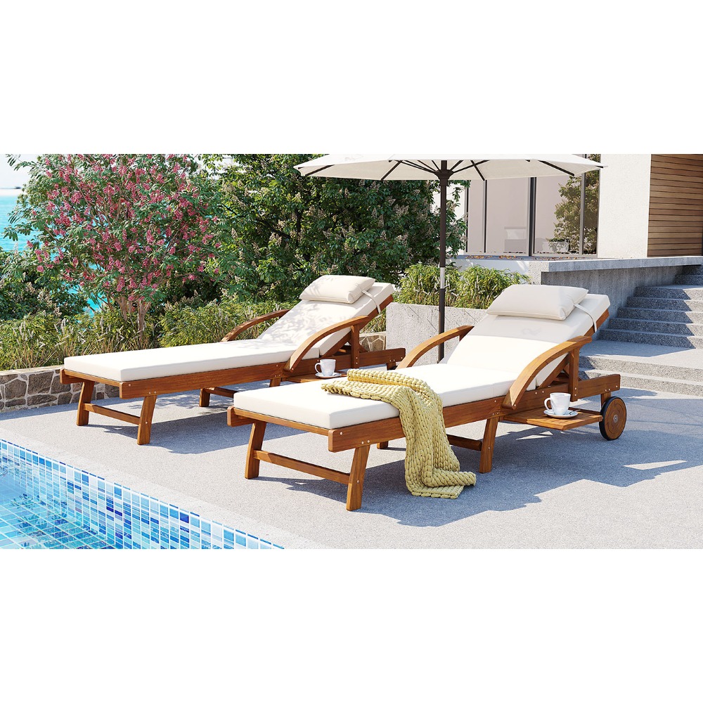U_Style 2-Pack 77.5' Outdoor Lounge Chairs, Acacia Wood Frame, Cushioned, Adjustable Backrest And Leg Rest, Headrest And Retractable Side Tray, Perfect for Patio, Pool, Garden, Beach