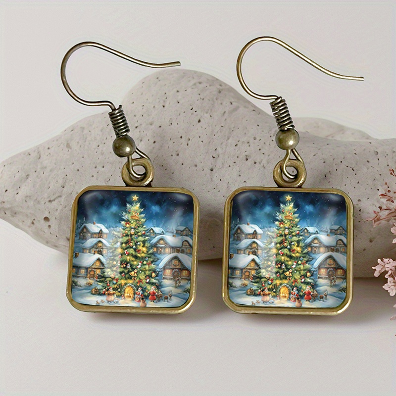 TEMU A Pair Of Vintage Glass Drop Earrings Shaped Like Christmas Trees From Snow Village, Handmade Gifts, Without Battery