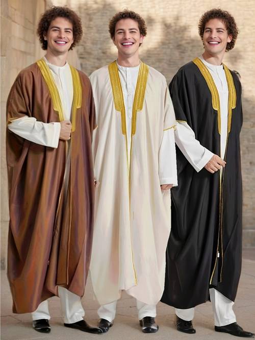 1pc modest v neck arabian thobe polyester 100 woven loose fit with braided detail stripe pattern suitable for height 168 185cm