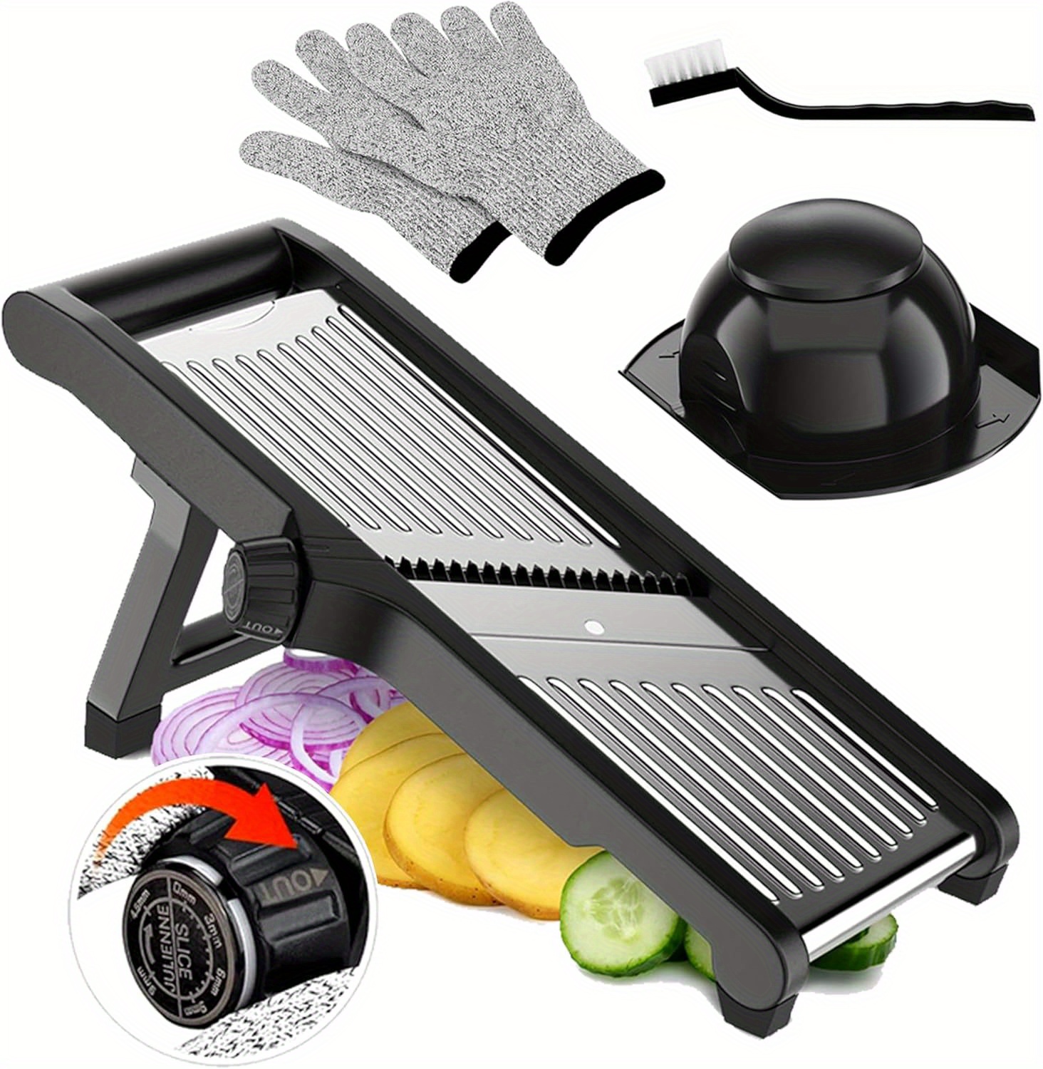 manual stainless steel mandolin slicer with adjustable thickness dial heavy duty multi functional kitchen tool for slicing shredding waffle cuts safety lock   cleaning brush included no power required durable metal construction for home Product details 0
