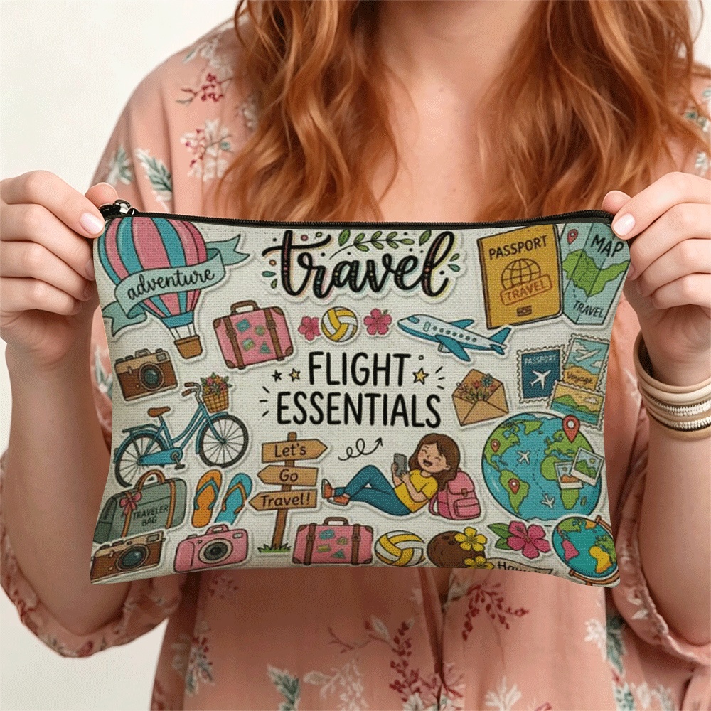 TEMU 1pc Travel Themed Illustration, Including Flight Essentials. Hypoallergenic Makeup Bag For Women, An Ideal Gift For Female . Travel Bag, Snack