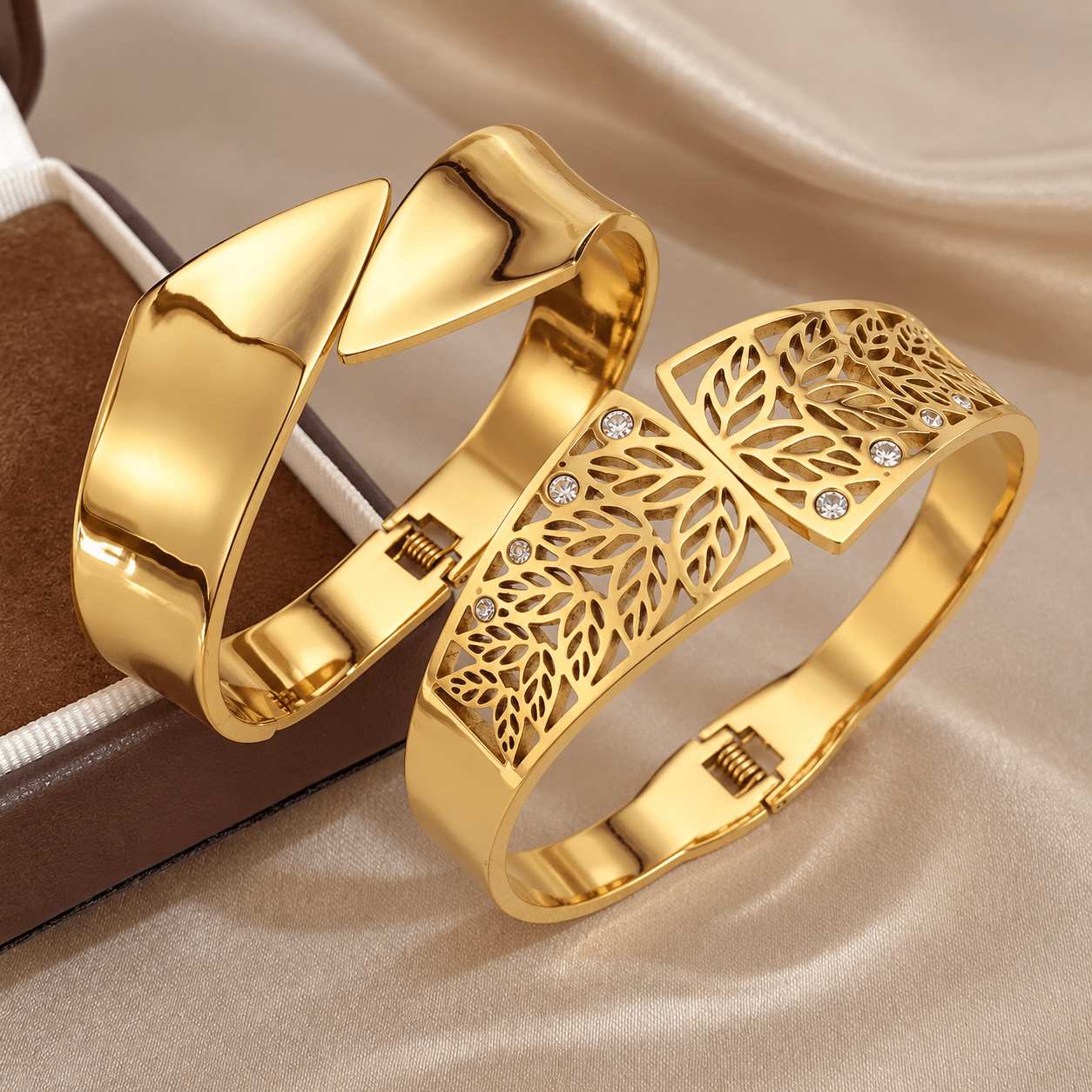 2pcs Men's 304 Stainless Steel Bangle Set, Leaf Inlaid Design