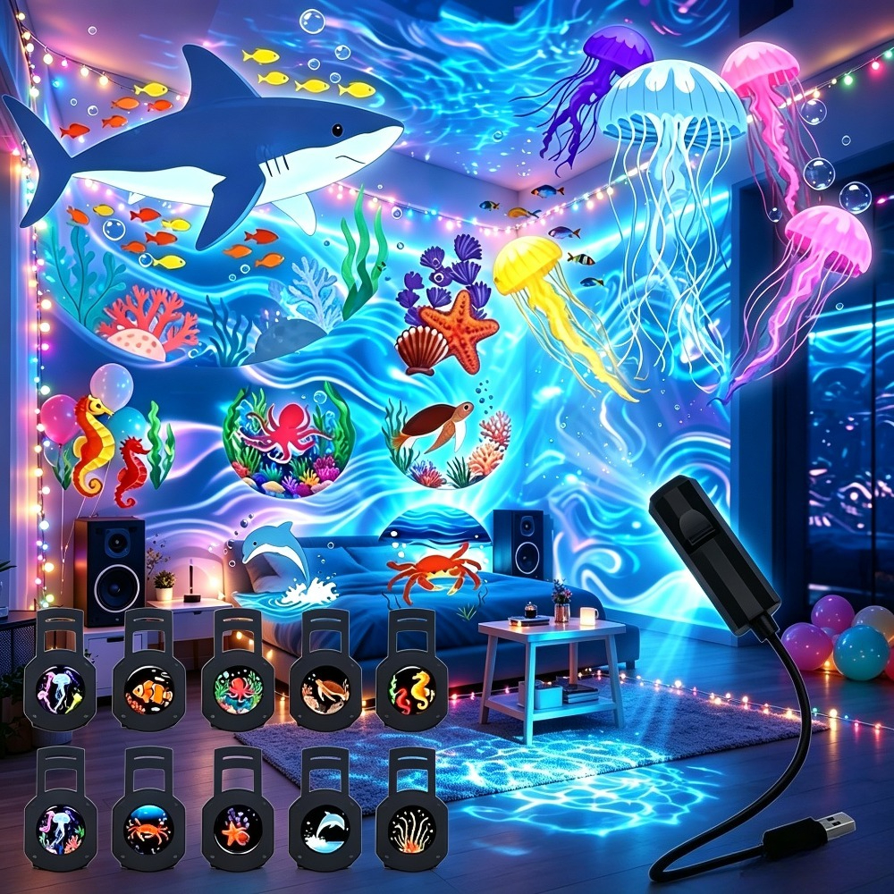 TEMU Luz Nocturna de Proyección USB con Tema de Sueño , LED Creativa, Lámpara de Noche Portátil, con 10 Patrones de Proyección Marina, Rotación de ,