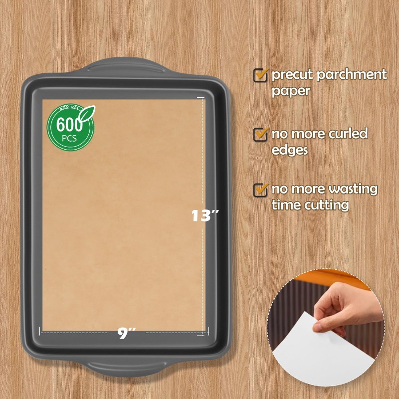 600pcs unbleached parchment paper sheets for baking 9 x 13 inch nonstick precut quarter sheet size parchment paper for baking cooking air fryer oven 9x13600pack Product details 1