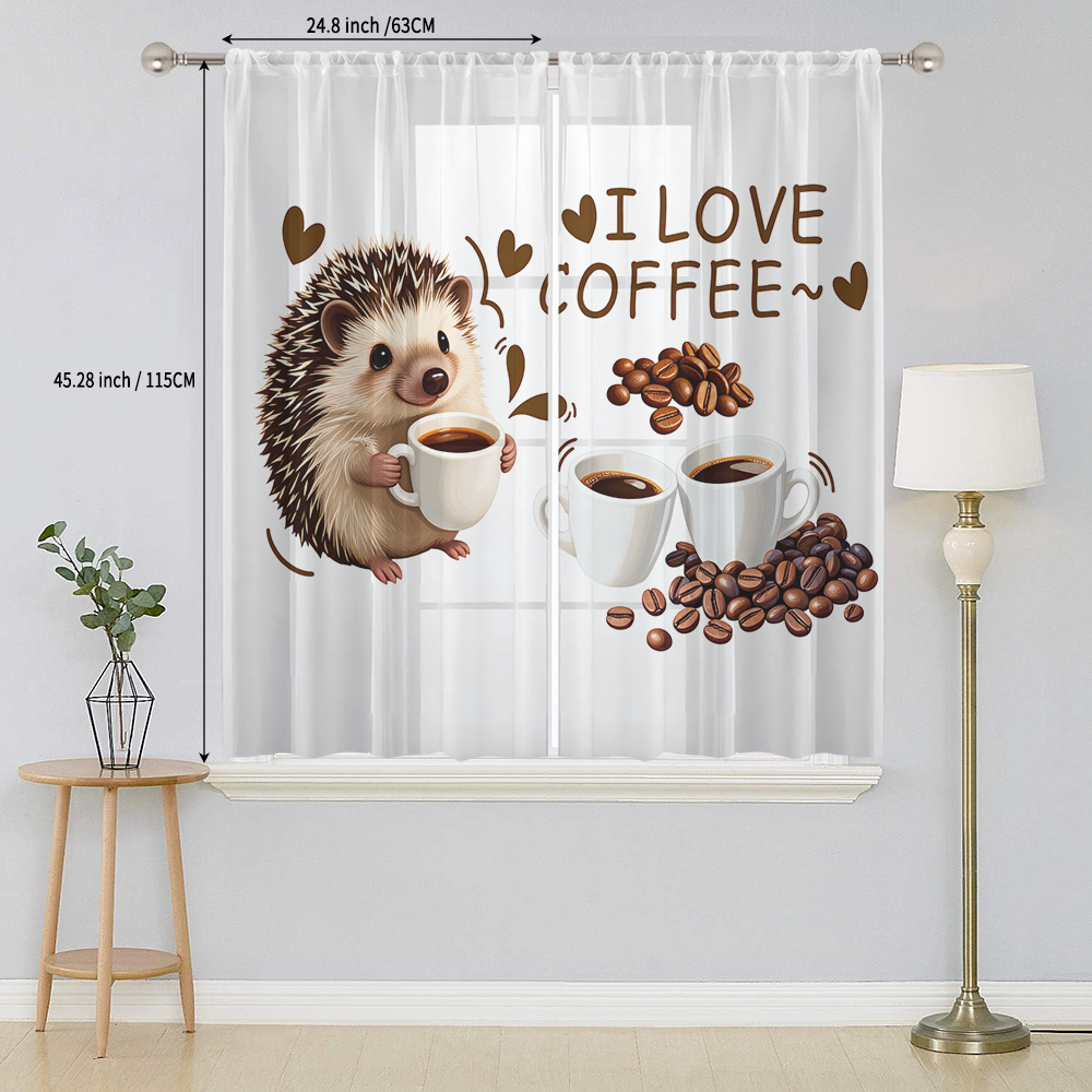 TEMU Lot de 2, Rideaux Voilages Plats 2D, Petite Taille, Petit Hérisson Buvant du Café, Imprimé de , Aime et , Voilage de Fenêtre Semi-Transparent en