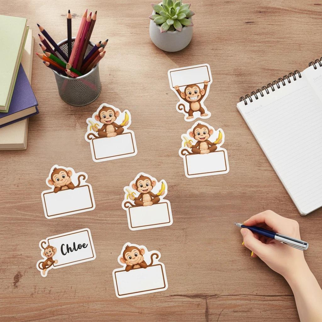24pcs Cartoon Monkey Themed Name Label Stickers, Monkey Pattern