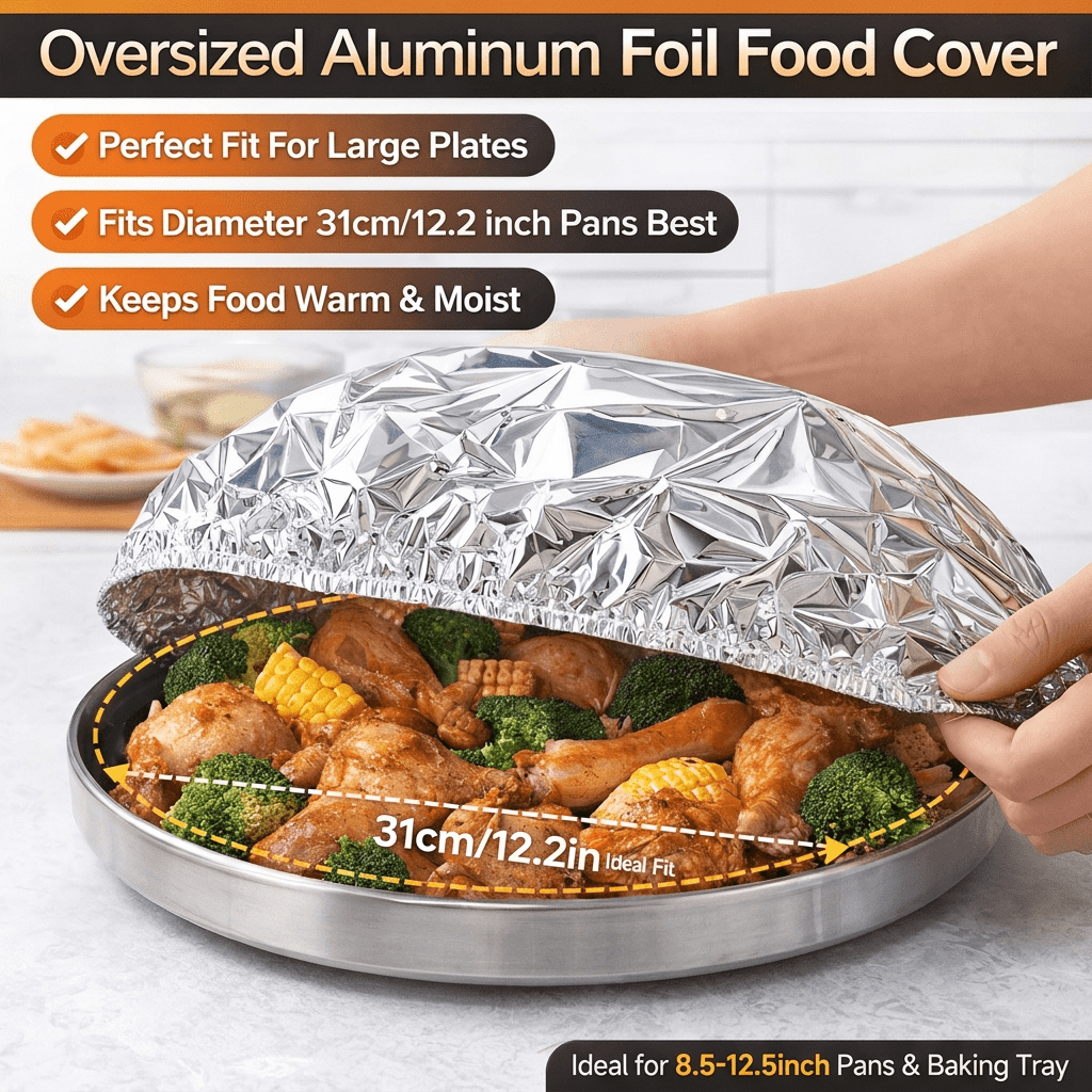 TEMU 26pcs Set Of Reusable Large 12.6inch Aluminum Foil Food Tray Covers, Heat-resistant And Adjustable Design, Smooth And Reflective Surface,