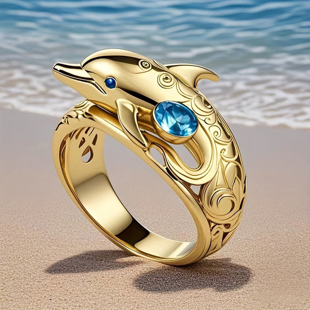 E-shop Einfache Delfinform-Einfassung mit blauem synthetischem Zirkonia, Tierringe für Damen, für besondere Anlässe, Schmuck im Urlaubsstil