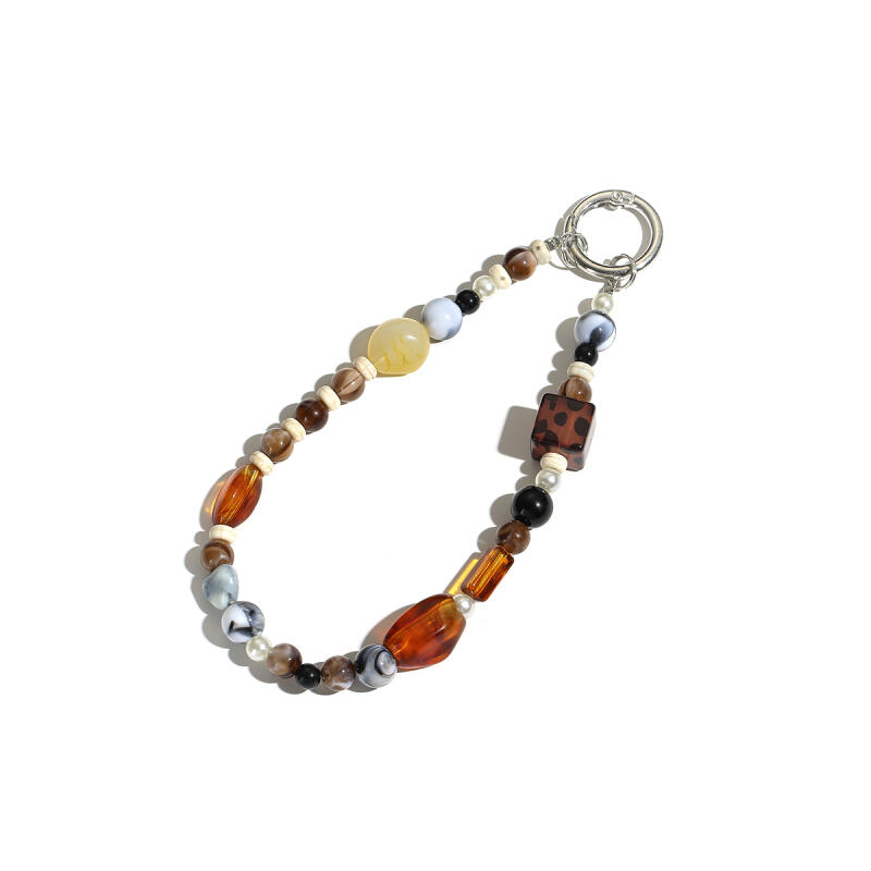 TEMU 1pc Retro Amber Irregular Beaded Keychain For Women, With Round Detachable Spring Clasp, Short Wrist Strap Key Chain Multifunctional Gift For