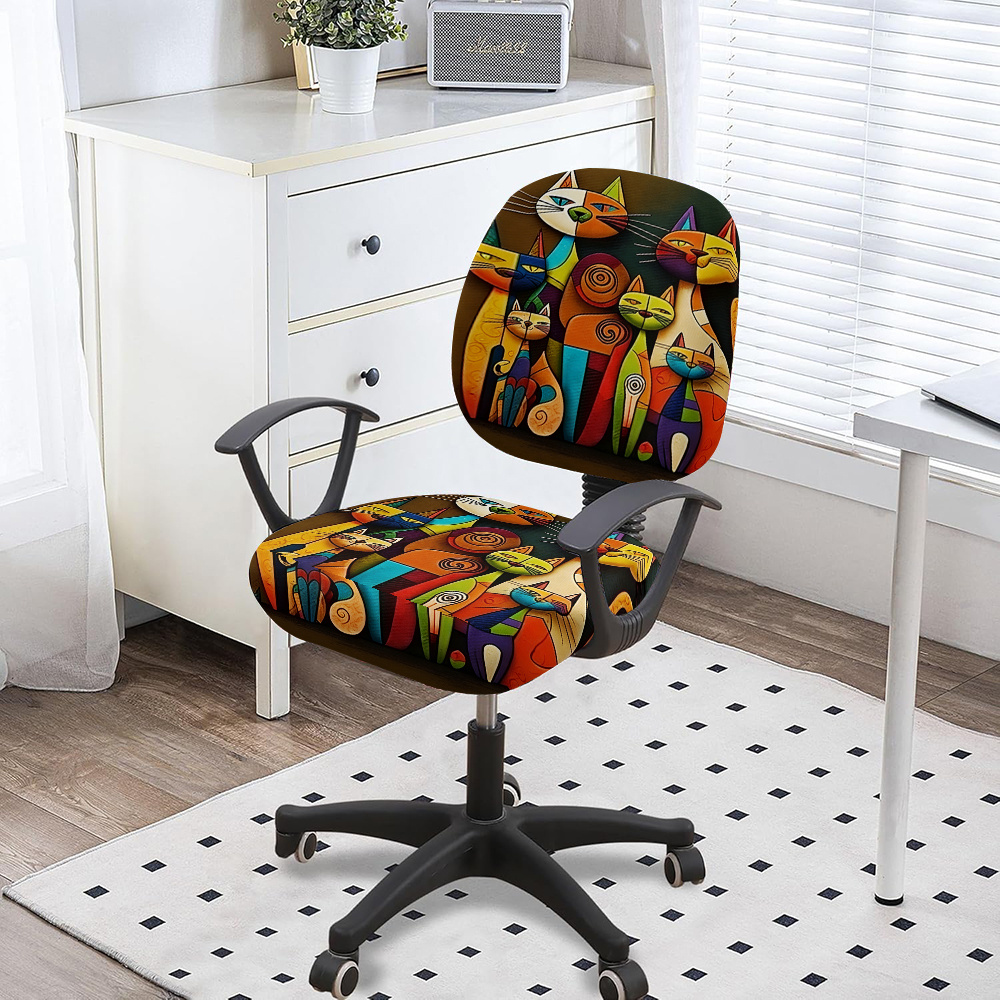 TEMU Elastic Chair Cover Featuring A Colorful Block Cat Design, Suitable For Office, Conference, And Home Chairs. Easy To Clean, It Offers A And Is