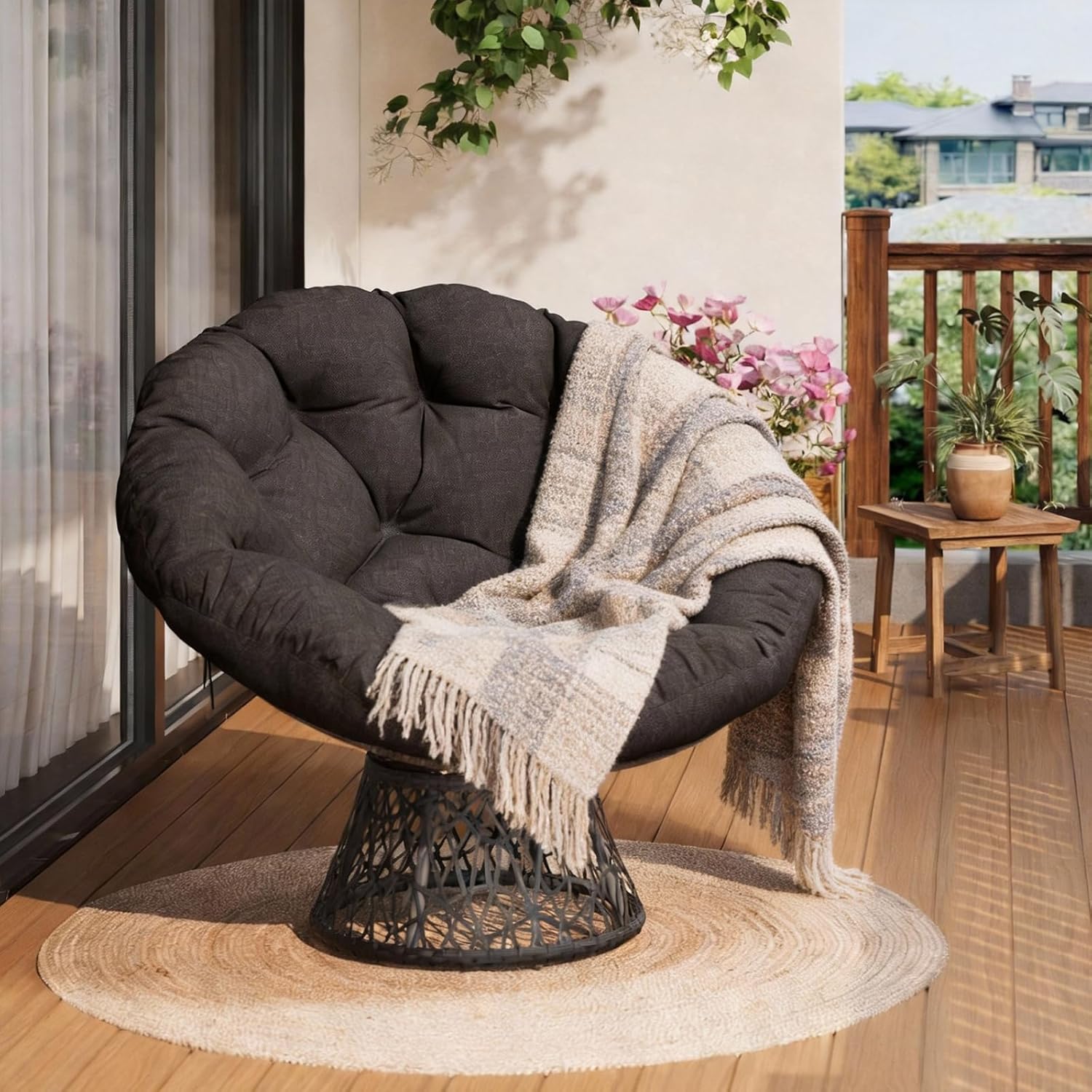E-shop Papasan Radar Sessel, Einzelsitzer Loungesessel, Bequemer Drehstuhl mit Rundkissen, Gemütlicher Rattan-Loungesessel, Drehbarer