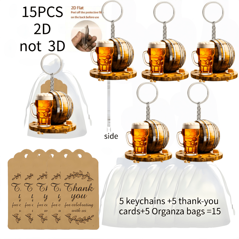 TEMU 2D, 15 piezas de llaveros de barril de cerveza planos 2D, (5 llaveros acrílicos con diseño 2D + 5 tarjetas de agradecimiento + 5 bolsas de malla