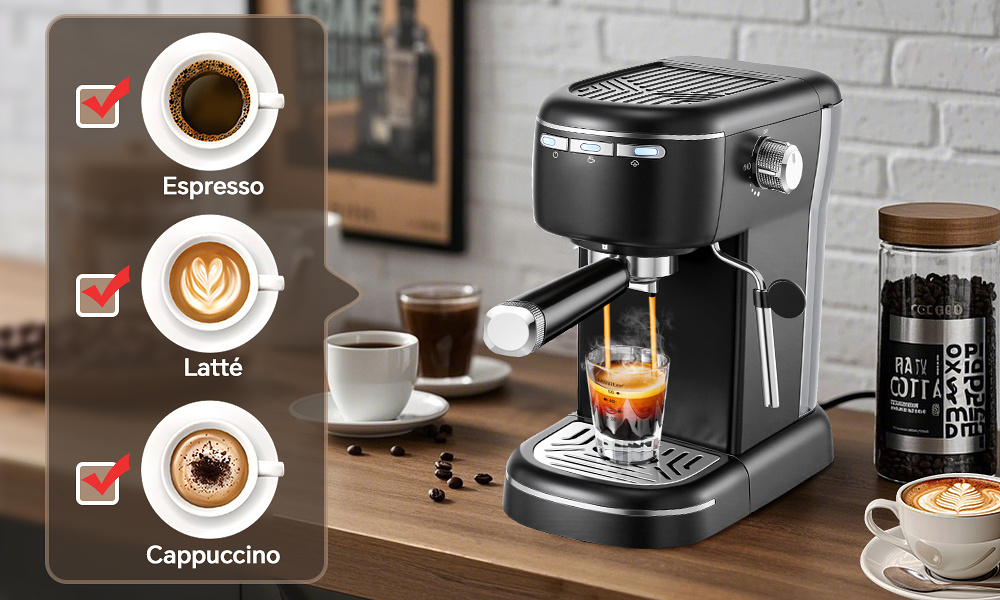 Automatic Espresso Machine with 15 Bar High Pressure, Cappuccino & Latte Maker, 3-Button Control & One-Touch Operation, 1 or 2-Cup Espresso Maker, Heavy-Duty Coffee Machine Suitable for, Office, Coffee Shop - Ideal Gift for Coffee Lovers, 1100W