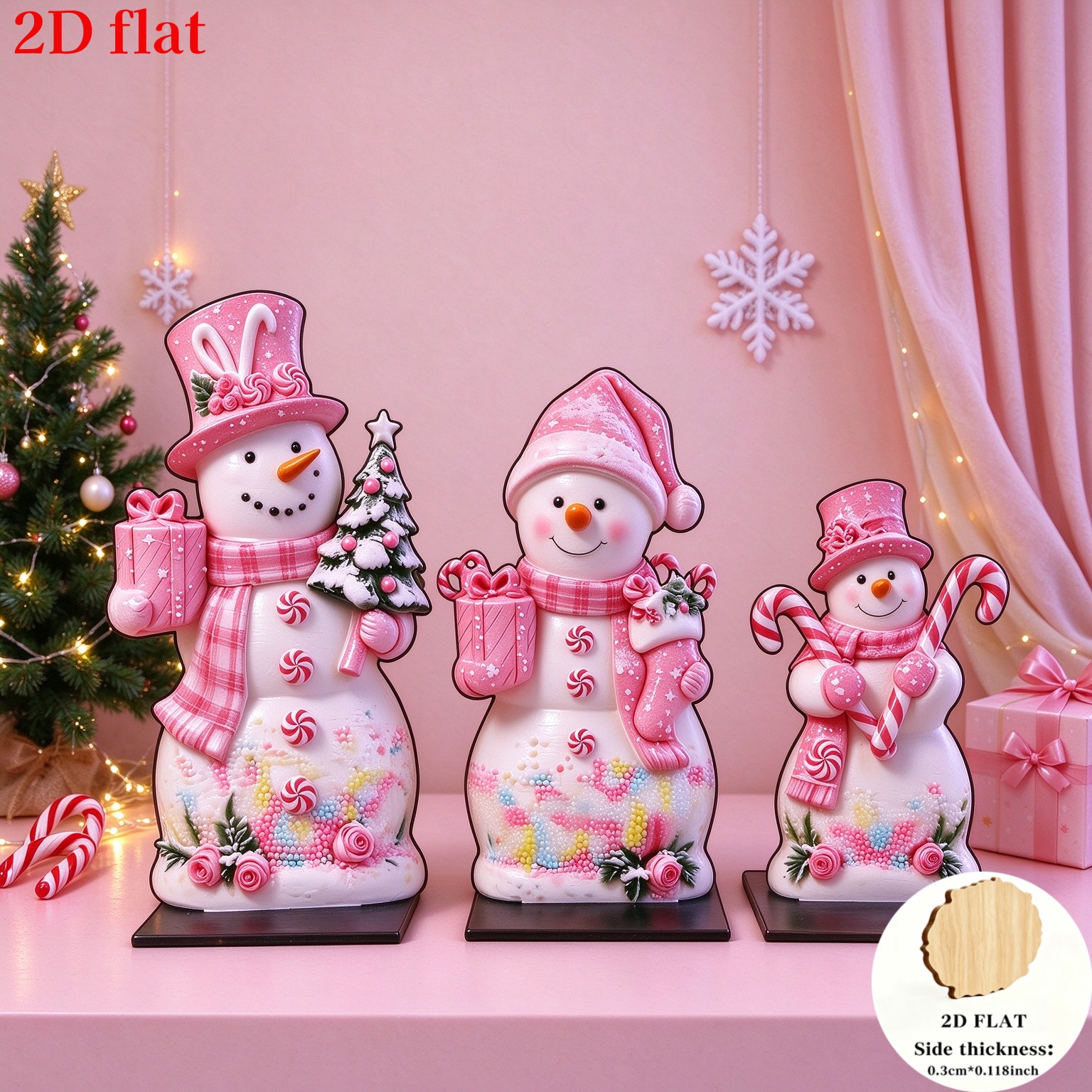 TEMU 2d Flat, 3pcs Pink- Christmas Snowman Wooden Ornaments. Sweet Christmas Holiday Decor. On Living Room Sofa, Bedroom Dressing Table, Entrance