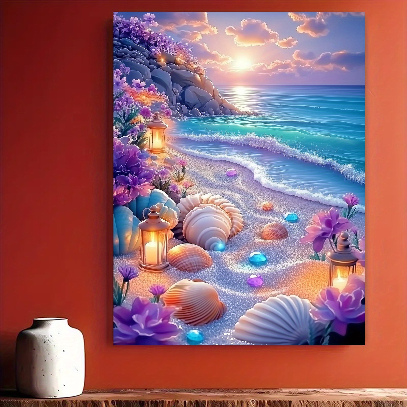 E-shop Gerahmtes Leinwandgemälde: ein atemberaubendes Meeresmotiv mit Muscheln und Blumen, ein farbenfrohes Ölgemälde, geeignet zur Dekoration von ,