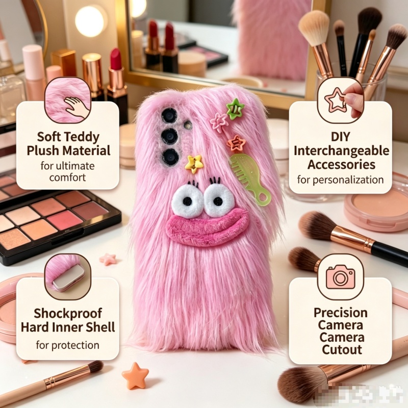 TEMU Phone Case: Cute Plush Mobile Phone Case Three-dimensional Embroidery Is Suitable For 6s/7plus/8/xsmax/11/12mini/13promax/14plus/15/16e/20air