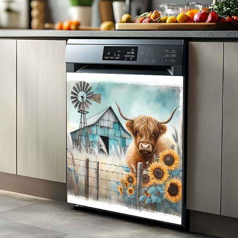 TEMU 1pc 2d Flat Highland Cow And Sunflower Scottish Style Dishwasher Sticker - Removable Rustic Style Decal, Suitable For Refrigerator, Washing
