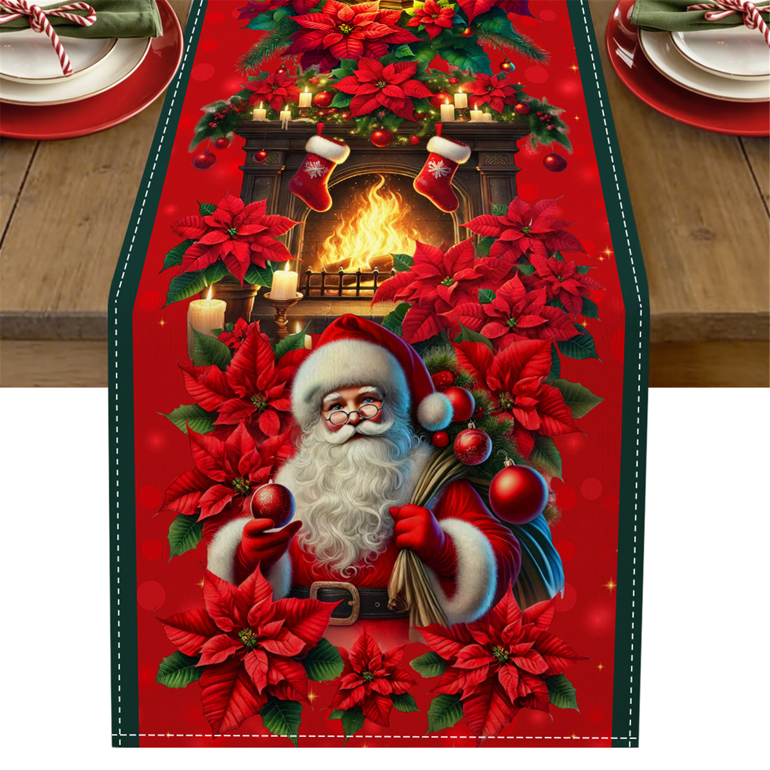 TEMU 1pc Christmas Table Runner With Fireplace Santa Claus Poinsettia Candle Patterns, For Farmhouse Fireplace Mantel & Buffet Table Decor