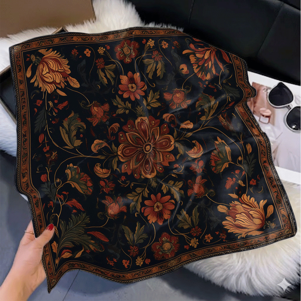 TEMU 2dflatjit, 1pc Classic Floral Theme - Dark With Intricate Floral And Leaf Pattern Women's Printed Square Scarf, Neck Scarf \ Hair Accessory \
