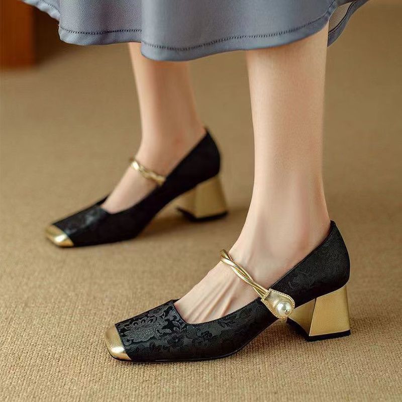 TEMU New Chinese-style High-heeled Shoes To Match Skirts, Medium Chunky Heel Women's Shoes, 2026 -summer French Evening Shoes, Women Shoes