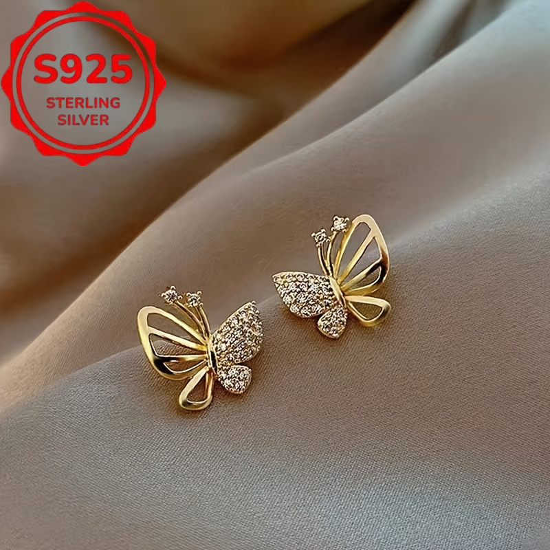 TEMU Boucles d'oreilles papillon élégantes en argent sterling S925 pour femmes - Bijoux faciles pour femmes, plaquées avec 3A, adaptées aux boucles