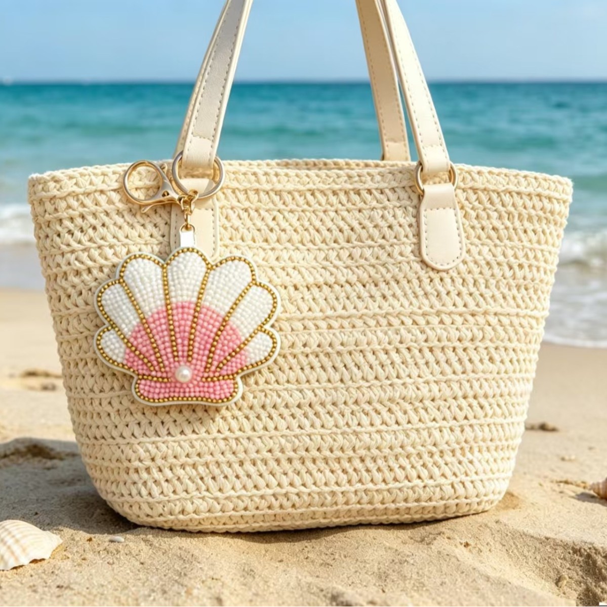 TEMU 2026 New Multi-colored Shell Rice Bead Keychain Handmade Beaded Shell Bag Pendant Summer Gift